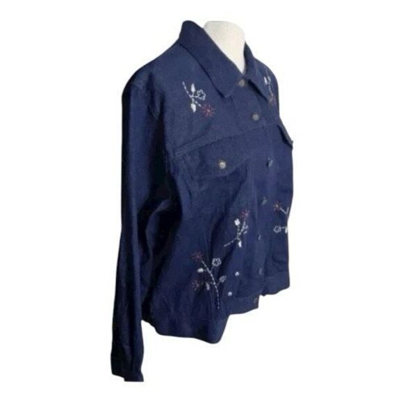 Alfred Dunner Women Blue Denim Cotton Embroidered Jacket Size 16P Stretch - Picture 3 of 9